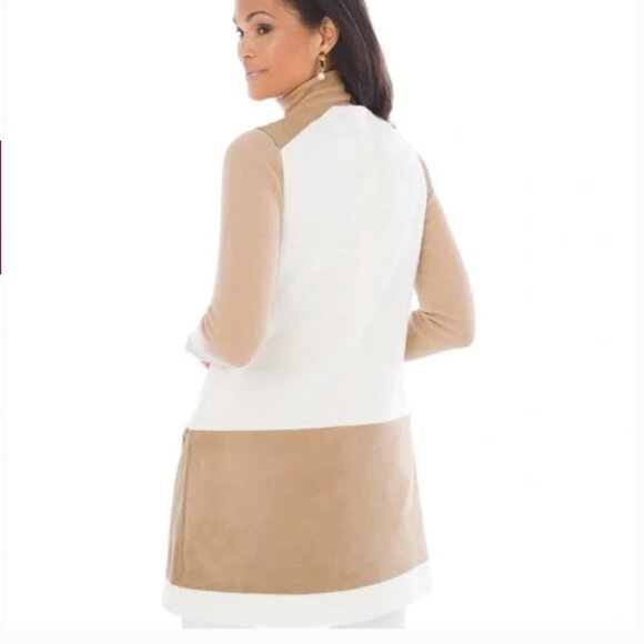 Chico's Women's Cream Textured Wool Long Vest With Snaps Faux Suede Panel XL - Picture 2 of 8